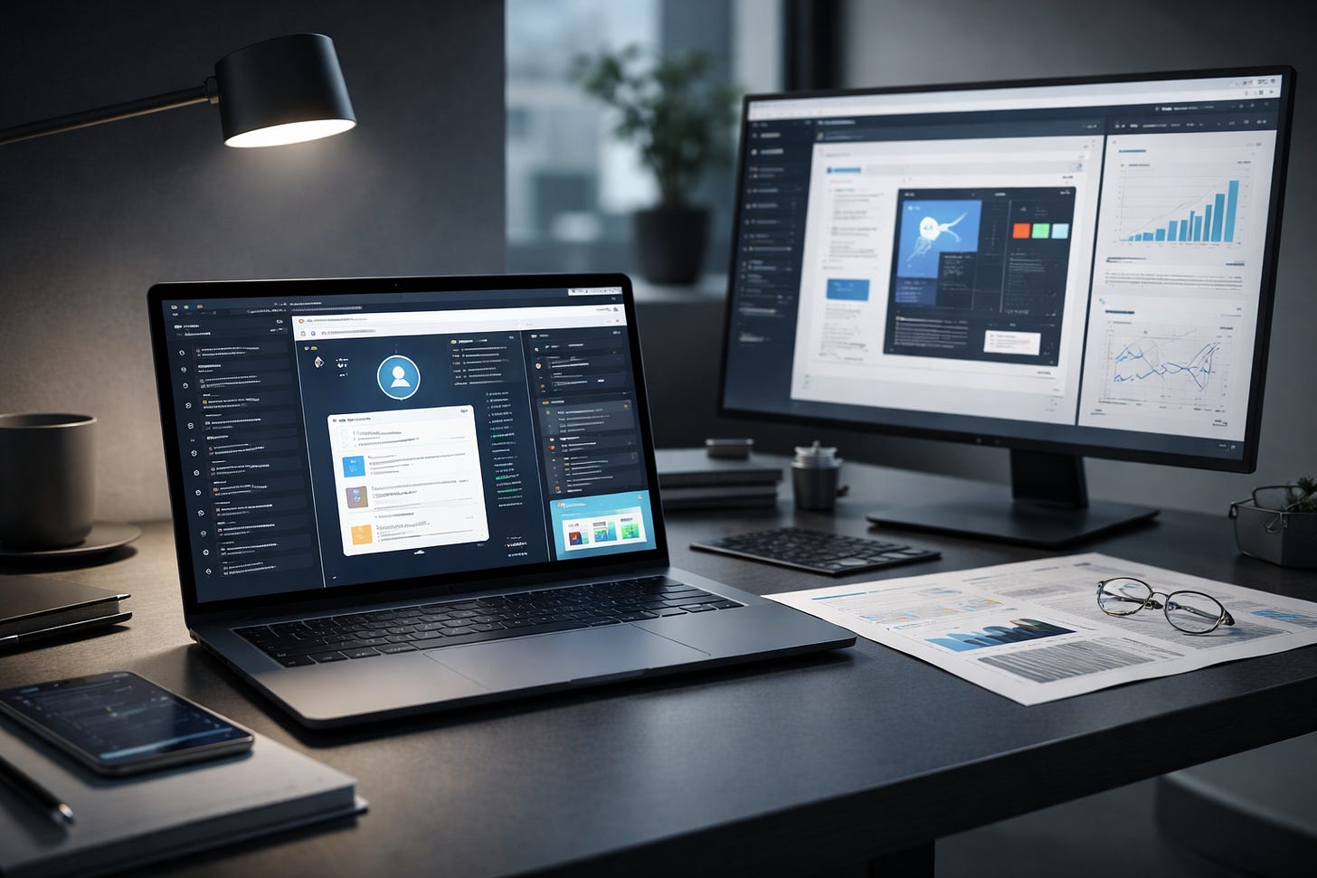 Birou modern cu laptop și monitor care afișează instrumente bazate pe inteligență artificială pentru lucru, design și analiză, într-o imagine editorială despre trecerea AI-ului din chat în munca reală.