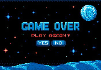 Image Details IST_21327_00198 - Game over screen. Pixel retro games, try  again and 8bit gaming last life. Gamer playing entertainment pixel arcade,  game over or pixelated videogaming arcades life and death vector