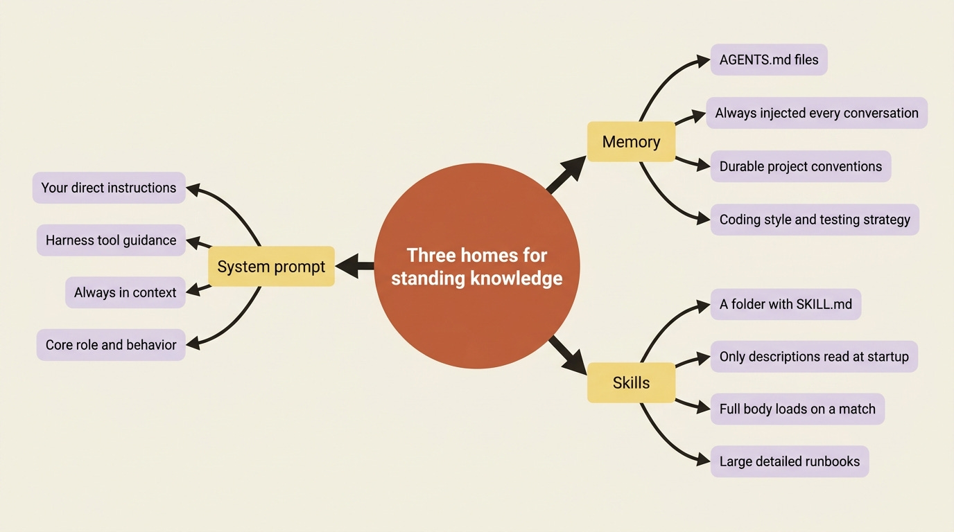 A mindmap of the three homes for an agent's standing knowledge: the system prompt for always-on instructions, memory for always-loaded project context, and skills for on-demand expertise. A mindmap of the three homes for an agent's standing knowledge: the system prompt for always-on instructions, memory for always-loaded project context, and skills for on-demand expertise.