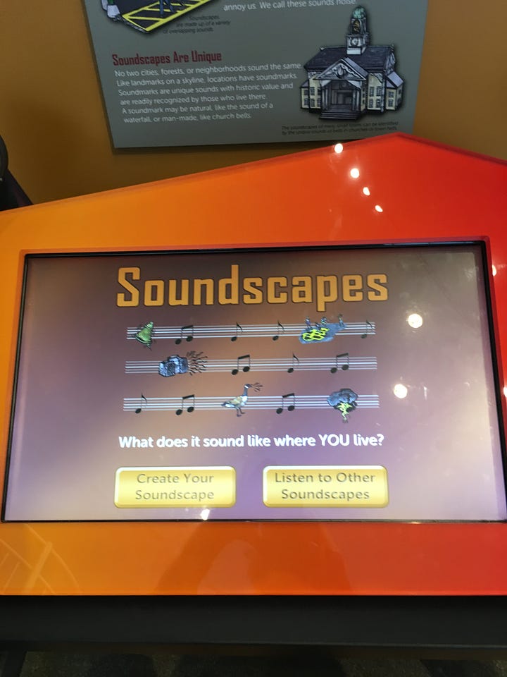 Two images of computer screens from the Neighborhood Soundscape interactive. The introcutory screen asks "What kind of neighborhood do you live in?" The next screen offers the choice between "Create Your Soundscape" amd "Listen to other soundscapes."