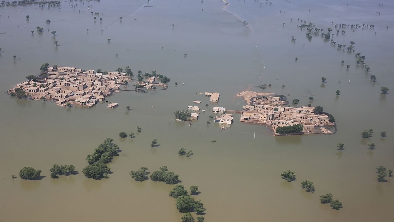 Aerial view of Pakistan villages and surrounding farmland submerged by floods