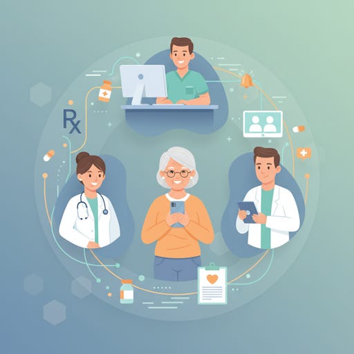 A senior woman surrounded by a network of health-related apps A senior woman surrounded by a network of health-related apps