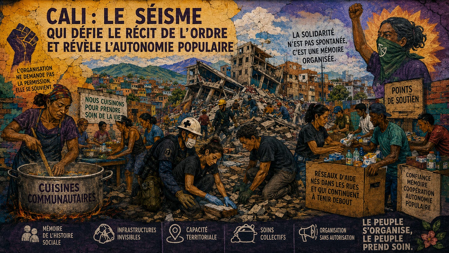 Illustration de style mural représentant un quartier de Cali après un séisme. Au centre, des habitant·es et des secouristes travaillent parmi les décombres d’immeubles effondrés ; sur les côtés, des groupes préparent des repas dans des cuisines communautaires et distribuent de l’eau, des médicaments et d’autres formes d’aide. Des pancartes et inscriptions mettent en avant la solidarité organisée, la mémoire sociale, la coopération, le soin collectif et l’autonomie populaire. Illustration de style mural représentant un quartier de Cali après un séisme. Au centre, des habitant·es et des secouristes travaillent parmi les décombres d’immeubles effondrés ; sur les côtés, des groupes préparent des repas dans des cuisines communautaires et distribuent de l’eau, des médicaments et d’autres formes d’aide. Des pancartes et inscriptions mettent en avant la solidarité organisée, la mémoire sociale, la coopération, le soin collectif et l’autonomie populaire.