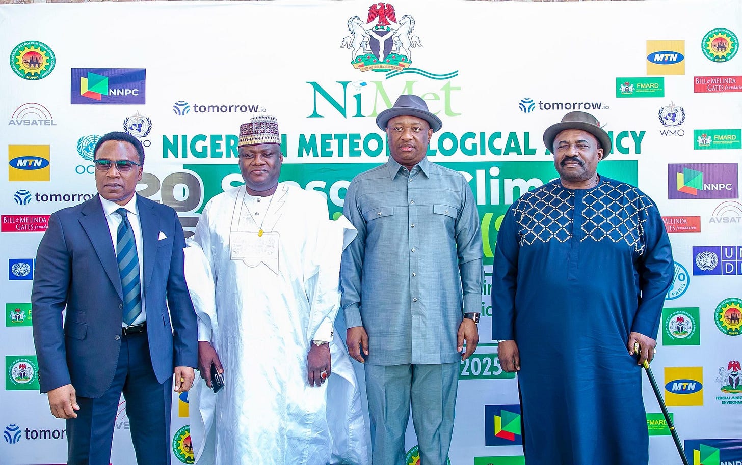 Potrebbe essere un'immagine raffigurante 4 persone, pedana e il seguente testo "幸 NNPC AVSATEL tomorrow. MTN MTN ST ก้ tomorroy ៨ FMARD กั้ tomorrow.io BILL ILLOMELINDA INDA GATESINad BILLeMELINDA GATESIt NIGER 0 Ni NiMlet METEO LOGICAL lin K WMO हर্ FMARD ICY NNPC MEUINDA acadatian AVSAT ,i0 id tomor 2025 MTN EMARD"
