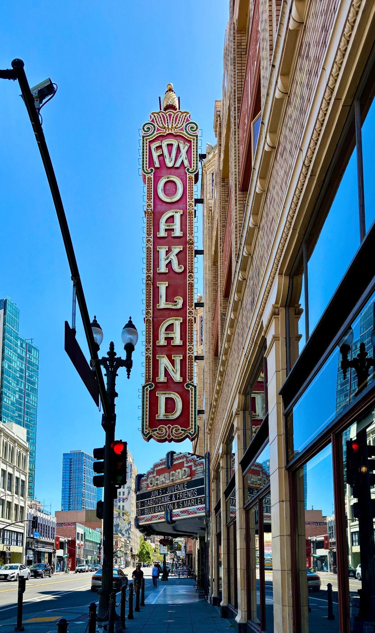Fox Theater marquee promoting a show by performing artist Juvenile during tonight’s First Friday festival. (Image source: Oakland Report)