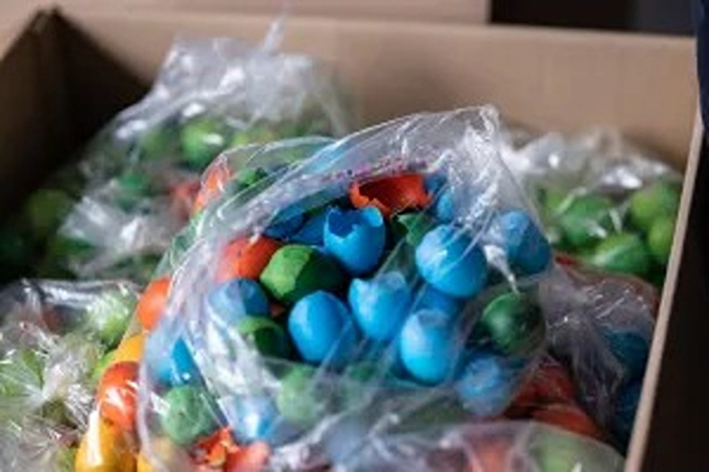 Plastic bags containing undeclared cascarones confiscated by CBP Inspectors from travelers crossing into Laredo, Texas, from Mexico.