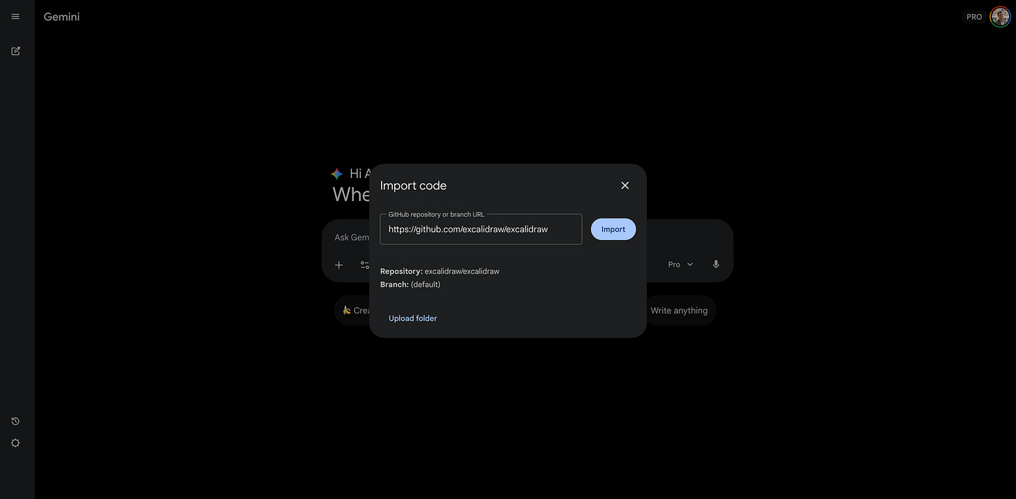 Screenshot of the Import code dialog box where the GitHub link is entered.