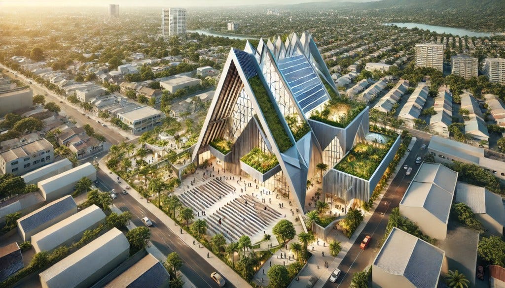 Ultra-Modern Church in Kingston, Jamaica: A sleek, contemporary church building in the heart of Kingston, featuring clean geometric designs, large glass panels for natural light, and a green roof with solar panels. The structure incorporates open-air spaces for worship, a state-of-the-art auditorium, and community hubs for youth activities and cultural events, all framed by the vibrant cityscape of the Jamaican capital.