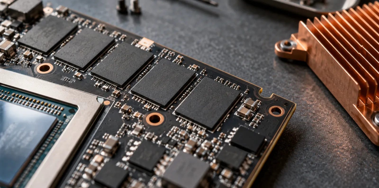 Memory chips on a graphics circuit board beside a copper heatsink, illustrating the physical VRAM available for local LLMs.