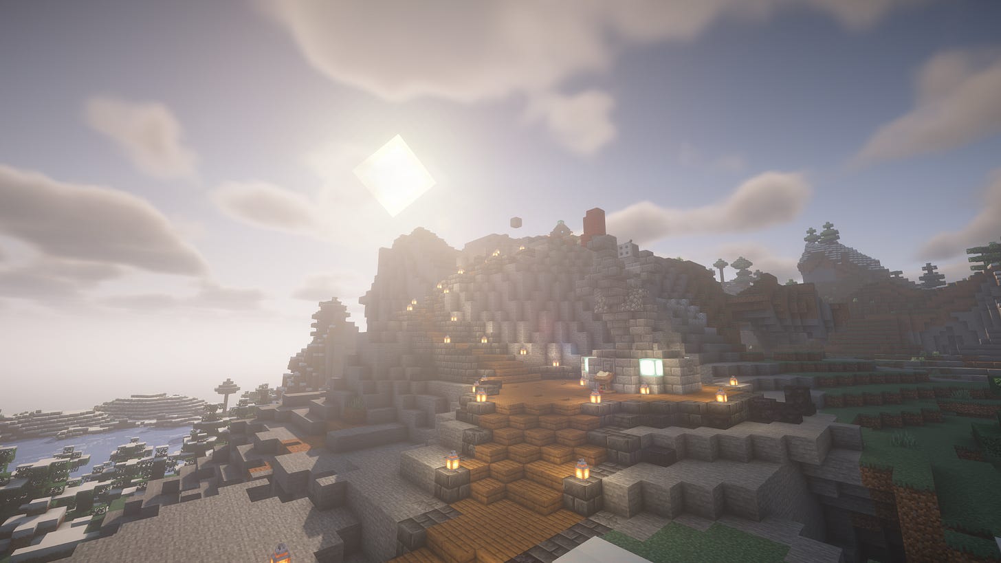 A wooden walkway winds up a mountain, with the sun setting behind it. A stone statue of a mounted knight stands at the bottom. A wooden walkway winds up a mountain, with the sun setting behind it. A stone statue of a mounted knight stands at the bottom.