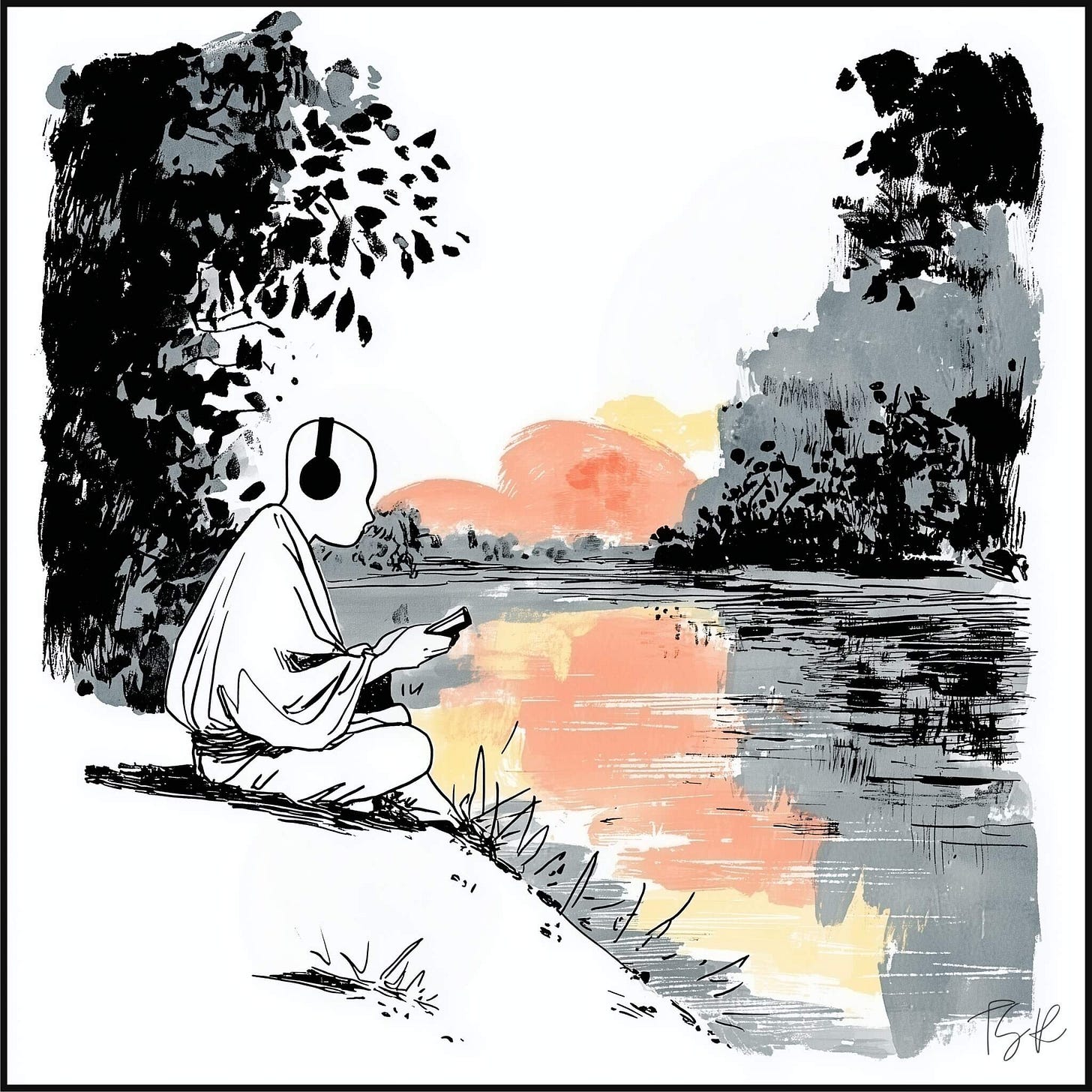A minimalist ink illustration of Siddhartha sitting in a meditative pose on a riverbank. He wears traditional flowing robes but is topped with large, modern over-ear headphones, his gaze fixed on a small handheld device. In the background, a sprawling river reflects the warm hues of a sunset, framed by the dark, textured silhouettes of trees and foliage.