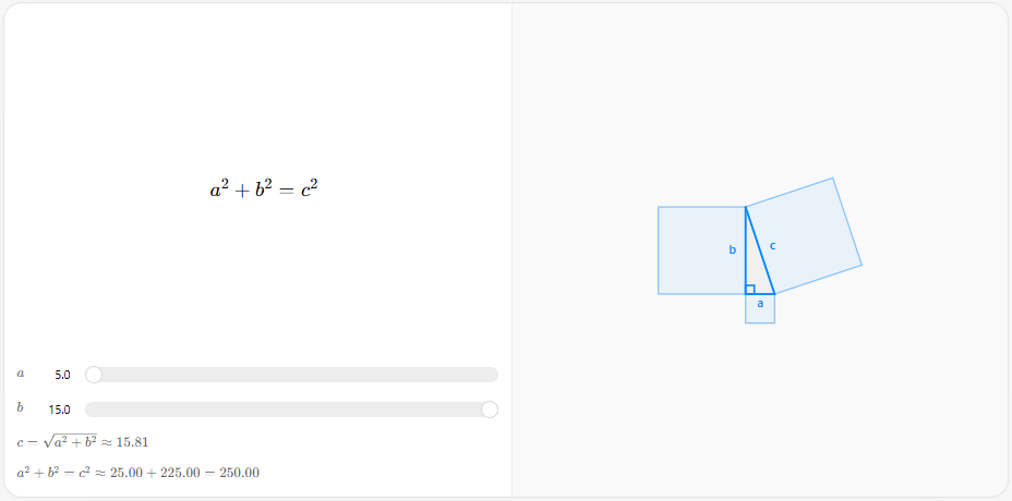 ChatGPT Pythagorean theorem interactive explainer with a blue right triangle diagram, two sliders adjusting sides a and b, the formula a-squared plus b-squared equals c-squared, and a calculated hypotenuse value of 15.81