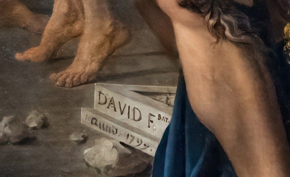 Jacques Louis David, The Intervention of the Sabine Women, 1799, Louvre, Paris. Detail: the signature, between the legs of Tatius. Jacques Louis David, The Intervention of the Sabine Women, 1799, Louvre, Paris. Detail: the signature, between the legs of Tatius.