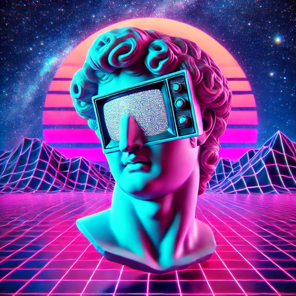 A Greek statue with a TV for a head, styled in synthwave art with neon colors and a futuristic atmosphere. The background features a vibrant, glowing grid landscape under a starry sky, with mountains in the distance. The statue is illuminated by pink, purple, and blue neon lights, creating a surreal and futuristic aesthetic.
