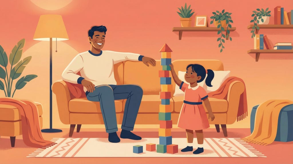 Young girl stacking a tall tower of colorful blocks while her father sits on a couch smiling proudly.