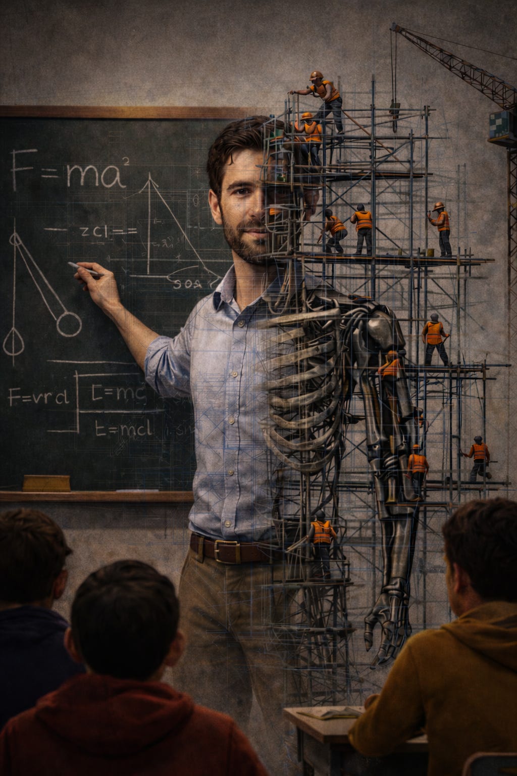 Digital illustration of a physics teacher teaching Newton’s Second Law while half his body is shown under construction with scaffolding and workers, symbolizing teacher mastery, instructional hours, and long-term professional development.