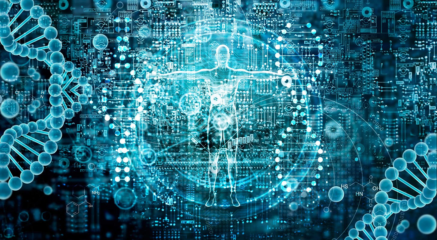 Genetic research and Biotech science Concept. Human Biology technology on abstract digital ...