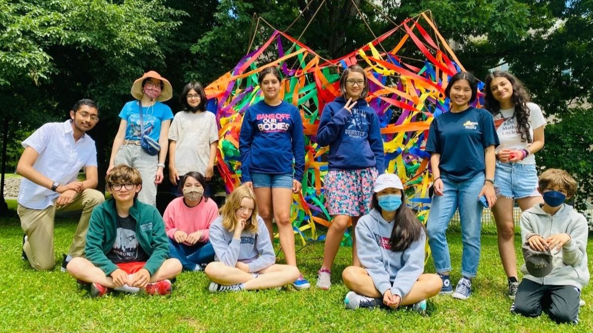 Students from the Bard Math CAMP in front of the decorated dilapidated dodecahedron Students from the Bard Math CAMP in front of the decorated dilapidated dodecahedron