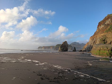 6 photos. 1. driftwood, 2 hagstone, 3. more driftwood and stacks behind, 4. swirling spume 5. a sea stack 6. wide shot stacks and sand and sea spume