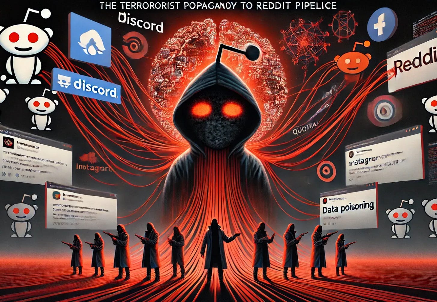 A dramatic digital illustration for a Substack article titled 'The Terrorist Propaganda to Reddit Pipeline'. The central focus is a dark, ominous Reddit logo partially masked, symbolizing infiltration. Red data streams flow into the logo from shadowy figures representing extremist networks, while smaller streams spread outward into popular subreddit icons like r/Documentaries and r/PublicFreakout. Above the scene, a sinister web of red strings connects shadowy figures in hooded cloaks, symbolizing coordinated extremist infiltration. In the background, interconnected platforms—Discord, X, Instagram, Quora, and Wikipedia—glow faintly, showing the manipulation's scope. An AI brain, partly corrupted with red data, hovers above, representing data poisoning. The color scheme is dark with red and white highlights, evoking urgency and danger. The title 'The Terrorist Propaganda to Reddit Pipeline' is in bold, white, sans-serif font at the top. Created using: high-contrast lighting, cyberpunk style, detailed digital rendering, sharp focus, layered symbolism, bold typography, atmospheric shading, high-definition quality, natural look --ar 16:9