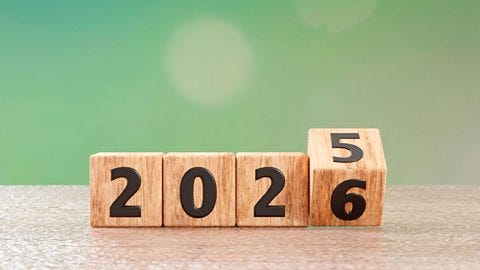 Wooden blocks spelling out 2026, revealing a transition from 2025