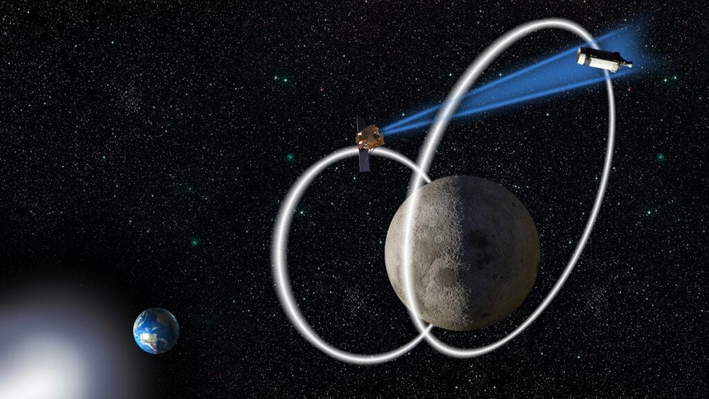 Artists Concept of Oracle Spacecraft in orbit around the moon.
