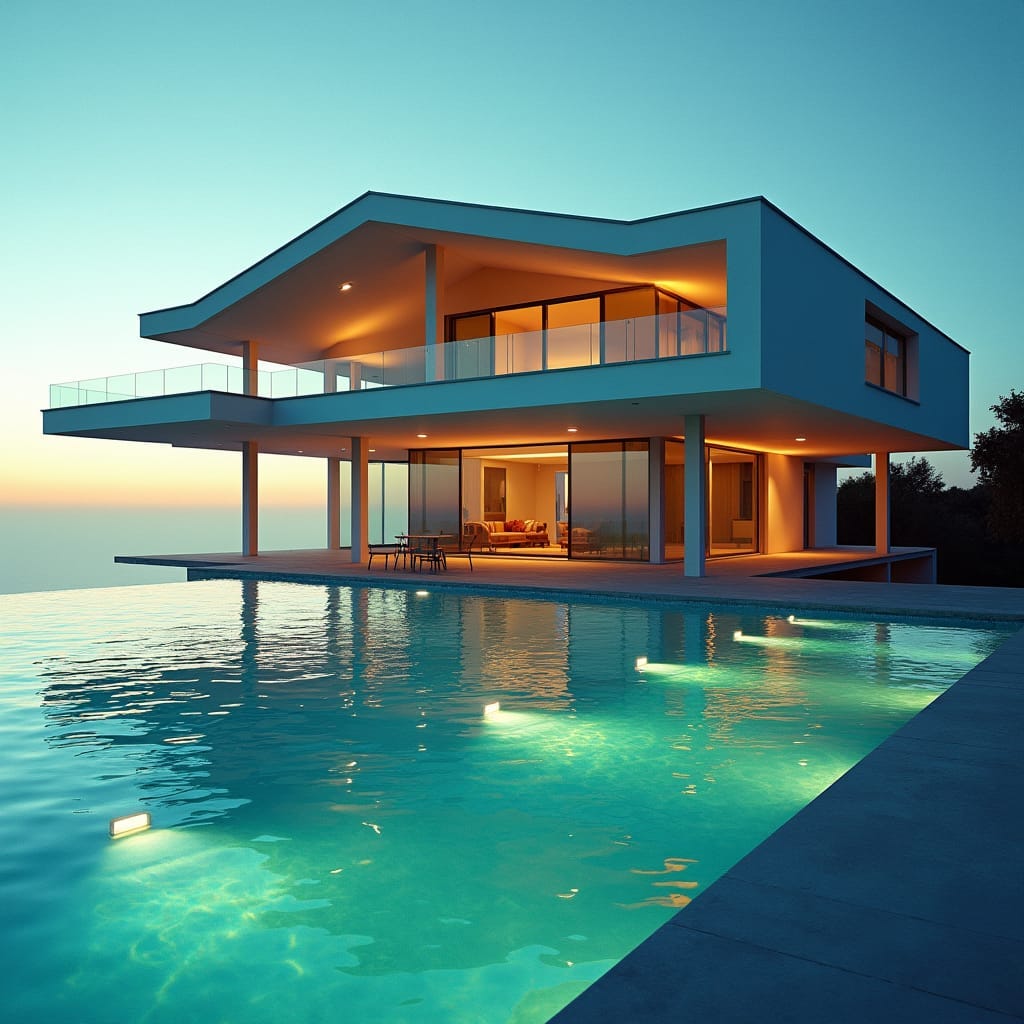 Majestic 6-story modern house with a dramatic Parapet gable roof, elevated on slender columns, with a sparkling swimming pool shimmering beneath the structure, as if floating on water.