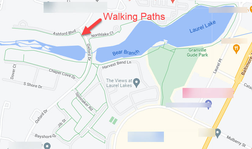 map of walking paths at the Granville Gude Park and Lakehouse in Laurel, Maryland