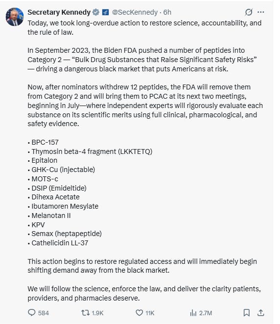 RFK Jr. 的名單公開！BPC-157、MOTS-c 等背後的商業暴利與7 月的PCAC 生死戰