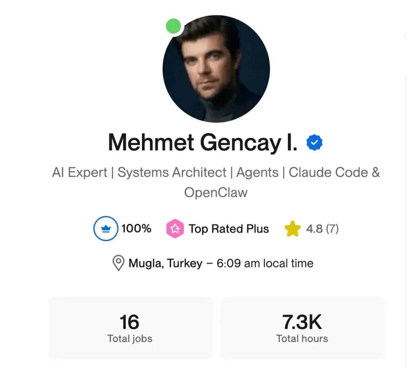 Upwork profile for Mehmet Gencay I., AI Expert and Systems Architect, Top Rated Plus, 100% job success, 7.3K hours Upwork profile for Mehmet Gencay I., AI Expert and Systems Architect, Top Rated Plus, 100% job success, 7.3K hours