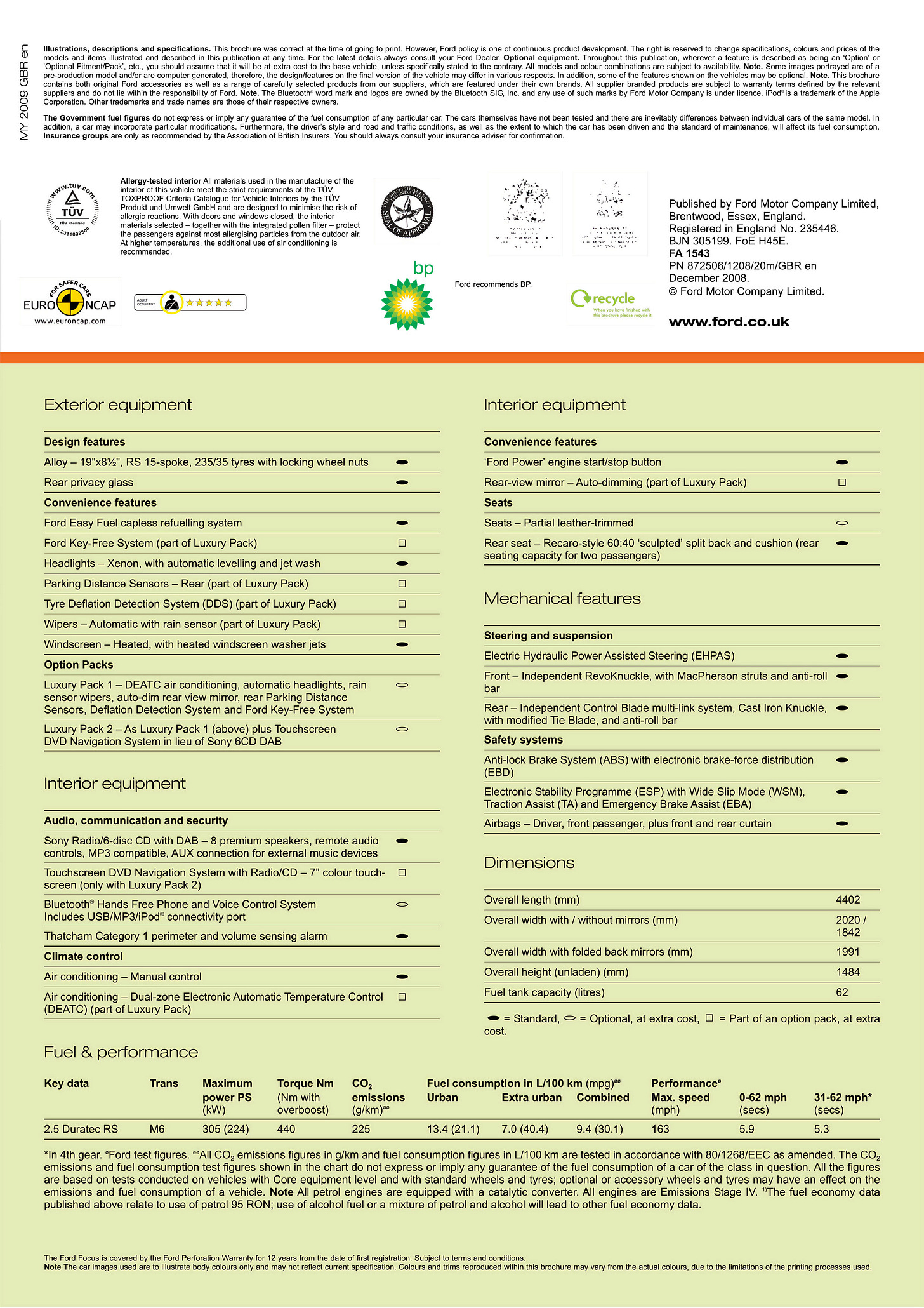 Ford Focus RS 2008 Brochure technical specifications
