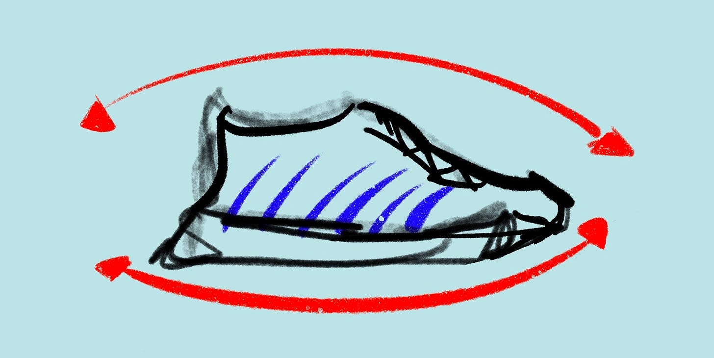 A cartoon of a shoe that rocks the foot back and forth.