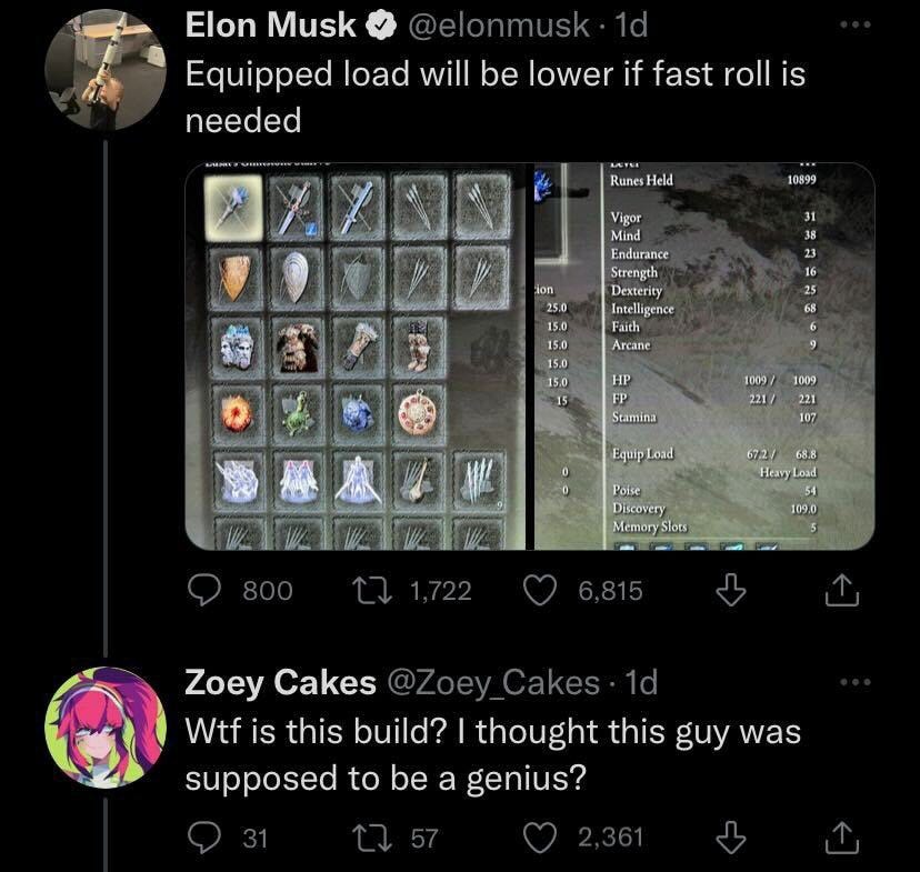 Dexerto on Twitter: "Elon Musk tweeted his Elden Ring build and people are  NOT happy with it https://t.co/vfXdOeRMRj" / Twitter