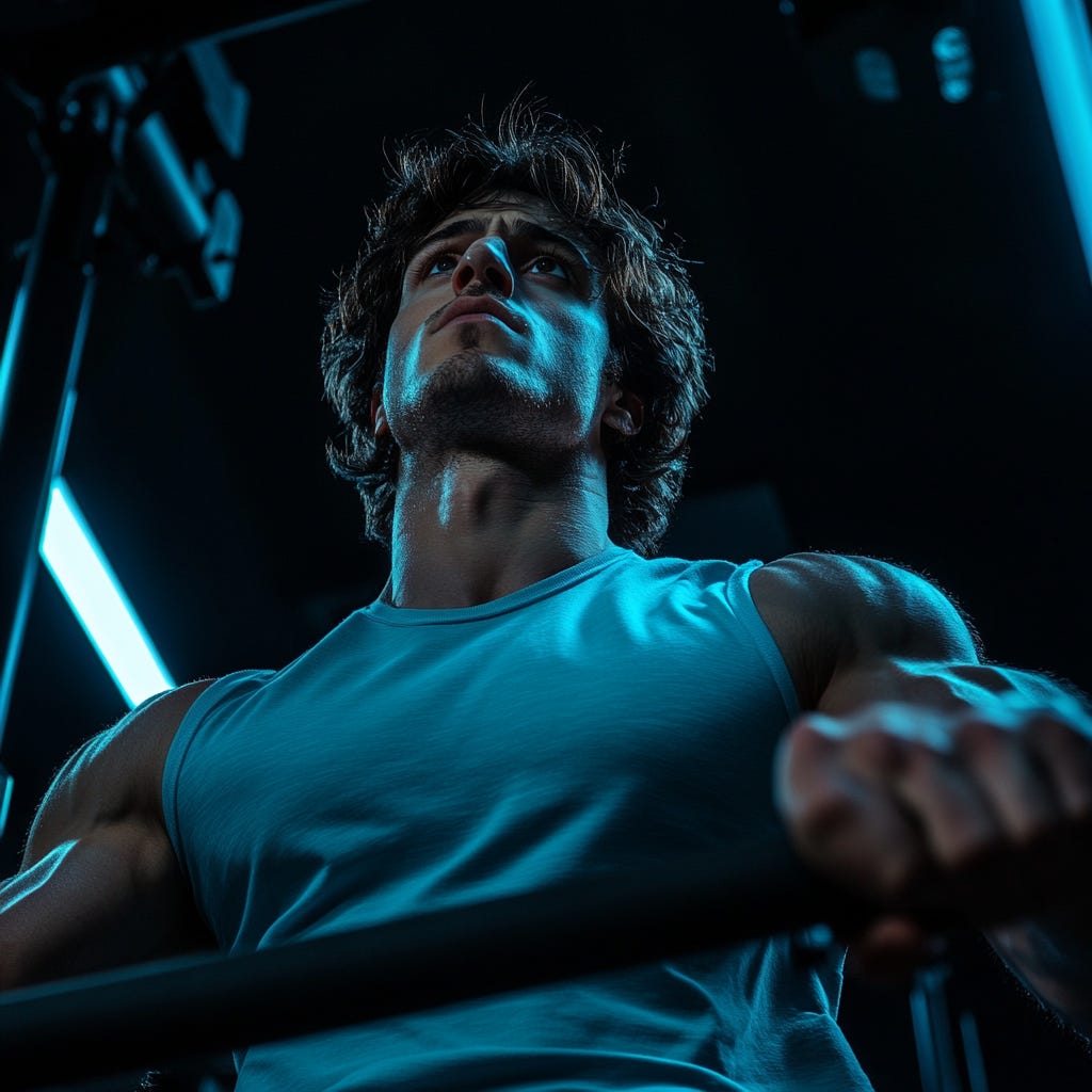 Strong young bodybuilder picking up a barbell in a dark gym wearing a light blue shirt.