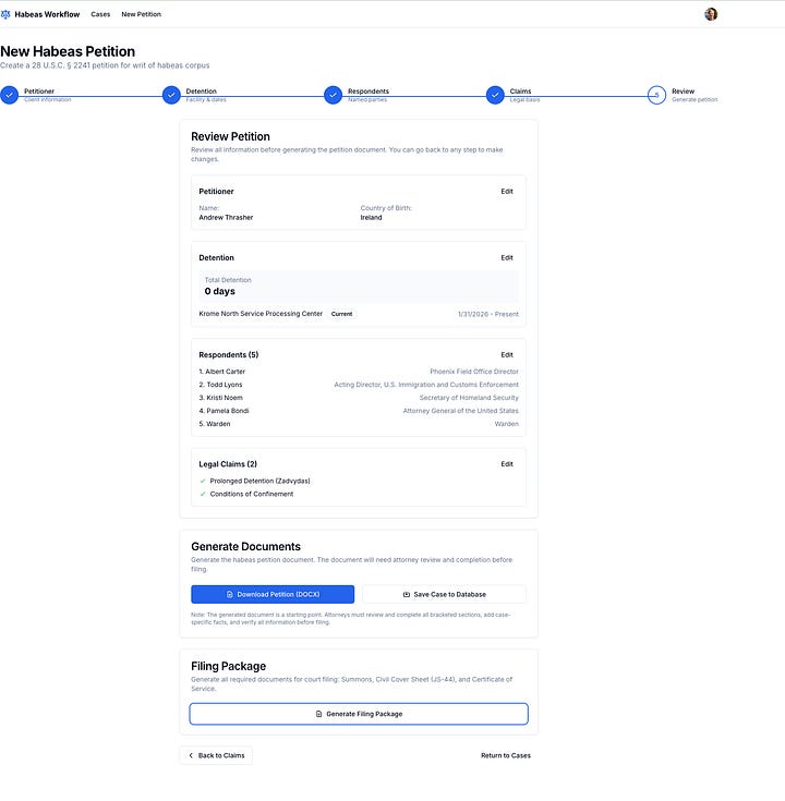 Screenshots of working prototype for petition wizard and case management workflows.