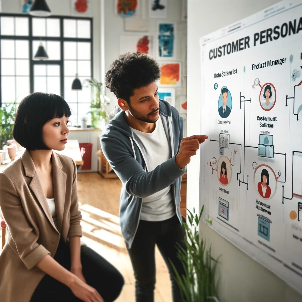 A focused, intimate startup office scene showcasing two professionals analyzing customer personas. The office is casual and brightly decorated, featuring a large, clear wall chart with different customer personas like 'data scientist', 'product manager', and 'executive'. One professional, a young woman with short black hair, is pointing at the chart, discussing details with her colleague, a young man with curly hair. They stand in a small, well-lit room with minimalist furniture and vibrant art on the walls, giving a creative and modern feel to the space.