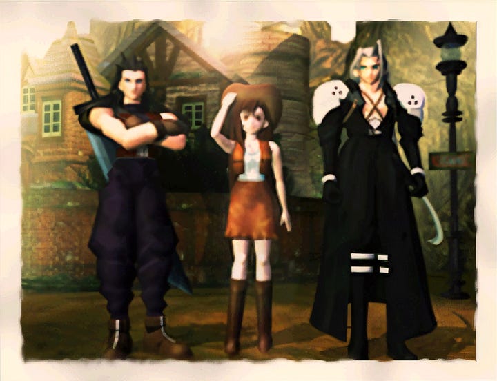 Comparison of different versions of the photograph of Zack, Tifa, and Sephiroth taken before embarking on their mission.