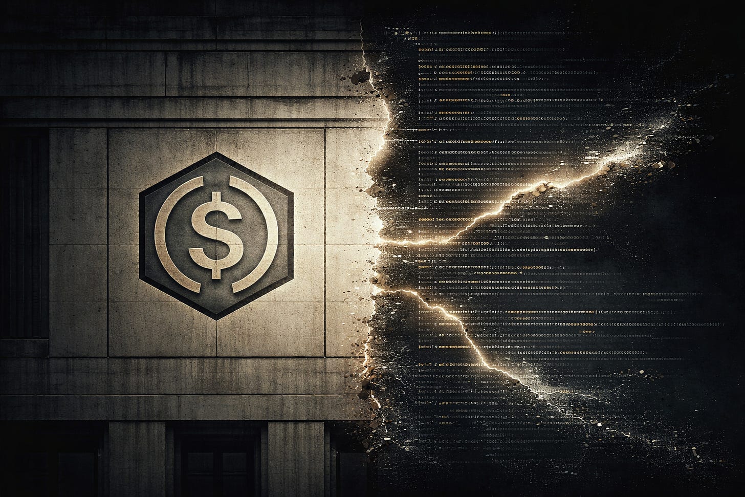 A split editorial illustration showing a cold brutalist government building on the left bearing a stablecoin symbol, and dissolving smart contract code on the right. The image conveys institutional control versus decentralized collapse.