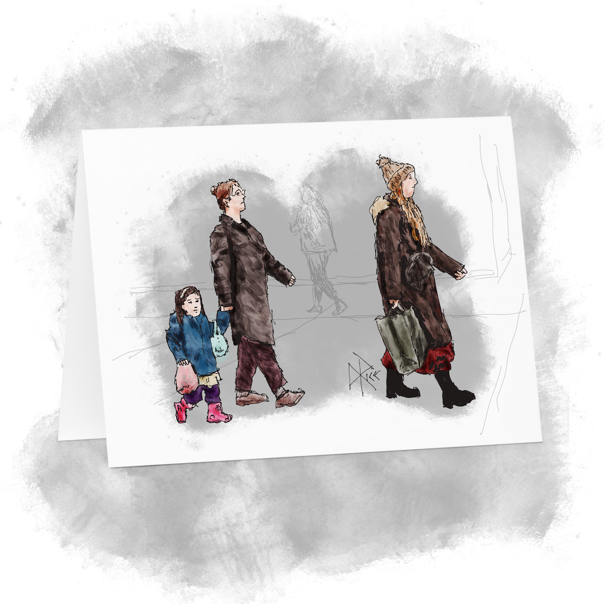 Two women and a child walking through a mall. The lead woman holds a shopping bag in her hand, while the following woman and child hold each other’s hand and the child also holds in her opposite hand a bag that contains cotton candy. Sketch art by Don Rice. Two women and a child walking through a mall. The lead woman holds a shopping bag in her hand, while the following woman and child hold each other’s hand and the child also holds in her opposite hand a bag that contains cotton candy. Sketch art by Don Rice.