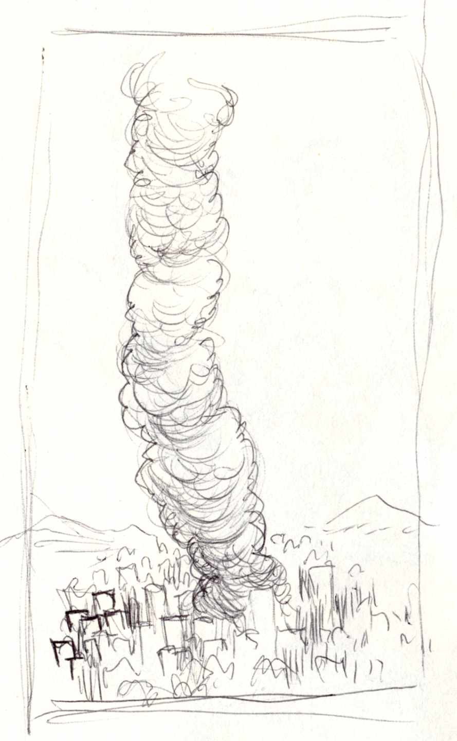 Ballpoint sketch of a plume of smoke rising from a city. Ballpoint sketch of a plume of smoke rising from a city.