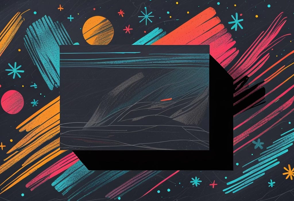 A dark rectangle with a shadow on a colorful background.