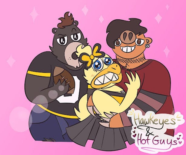 Burch, Rusty and Herky depicted in an epic love triangle Burch, Rusty and Herky depicted in an epic love triangle