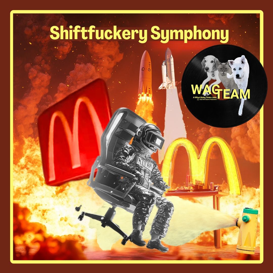 An apocalyptic scene where a Space Nazi in full regalia desperately posts from an office chair while McDonald's golden arches burn in the background. Rockets escape to Mars as LA burns, and a perfectly positioned Starbucks cup suggests making mud isn't going to solve this one. The WAG TEAM logo floats in a black circle like the last voice of reason in a world gone mad.