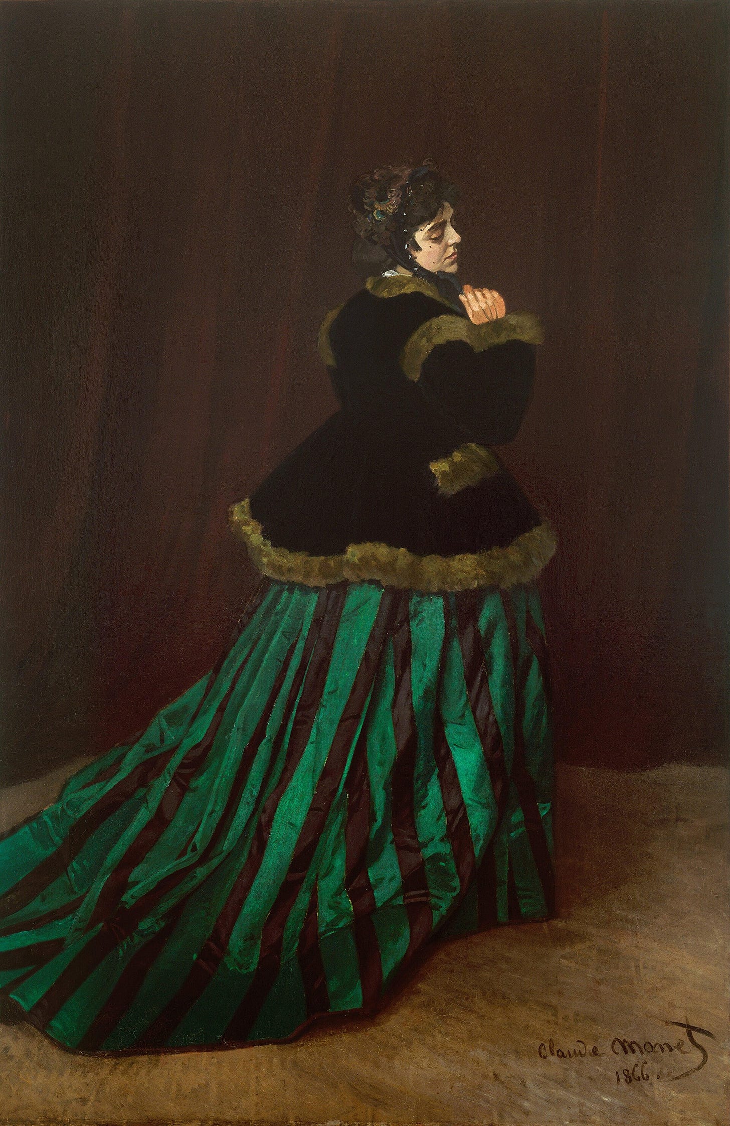 Camille, The Woman in the Green Dress by Claude Monet: Camille seen from behind in a striped silk dress Camille, The Woman in the Green Dress by Claude Monet: Camille seen from behind in a striped silk dress