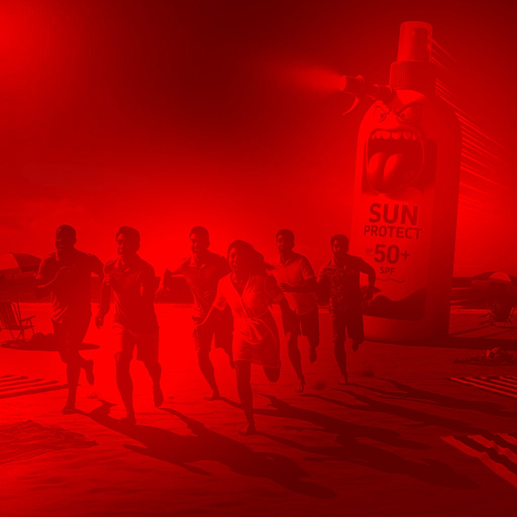 A mixed group of people running from a giant sun cream spray bottle in panic. Monochrome red and black.