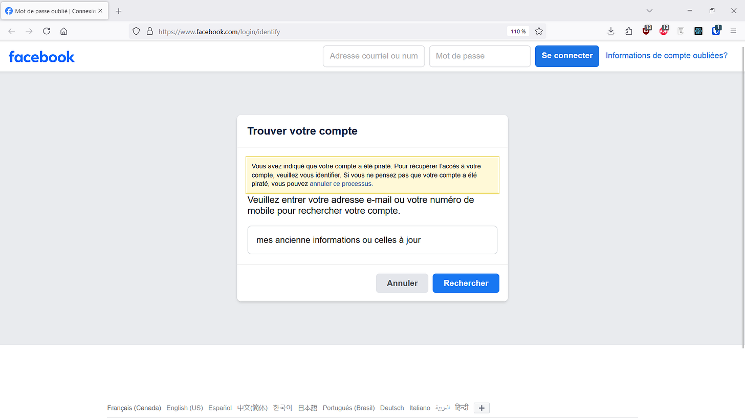Entrer ses informations dans la page d'identification des comptes Facebook.