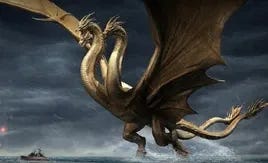 An image of a very large golden dragon with three heads, wings and two tails.