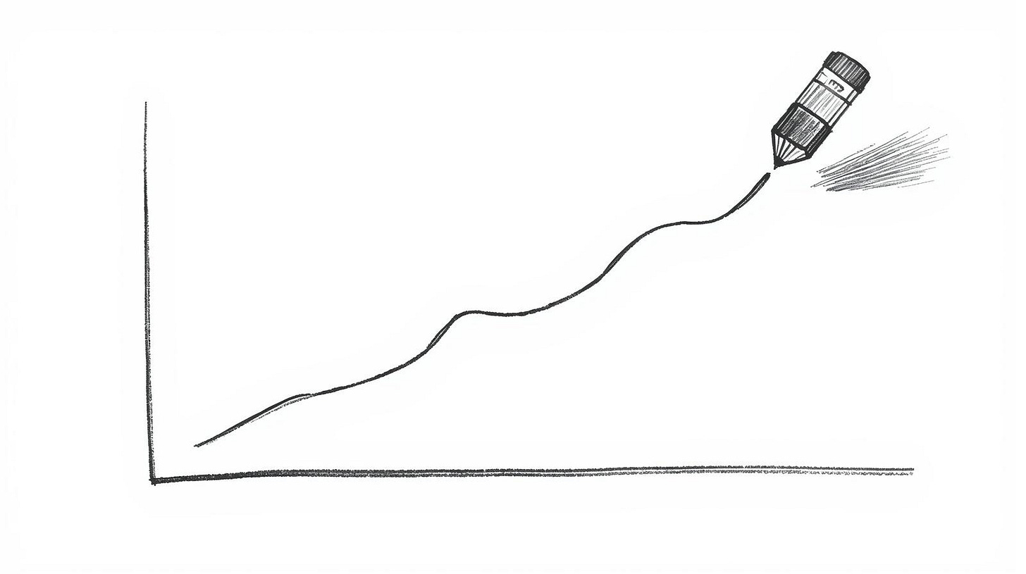 Strong upward graph line that droops at its final data point near an eraser