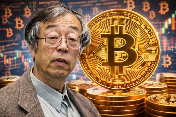 An elderly Japanese man stands beside an oversized gold Bitcoin coin against a backdrop of cryptocurrency price charts and Bitcoin logos, evoking the enduring mystery of Satoshi Nakamoto's identity An elderly Japanese man stands beside an oversized gold Bitcoin coin against a backdrop of cryptocurrency price charts and Bitcoin logos, evoking the enduring mystery of Satoshi Nakamoto's identity