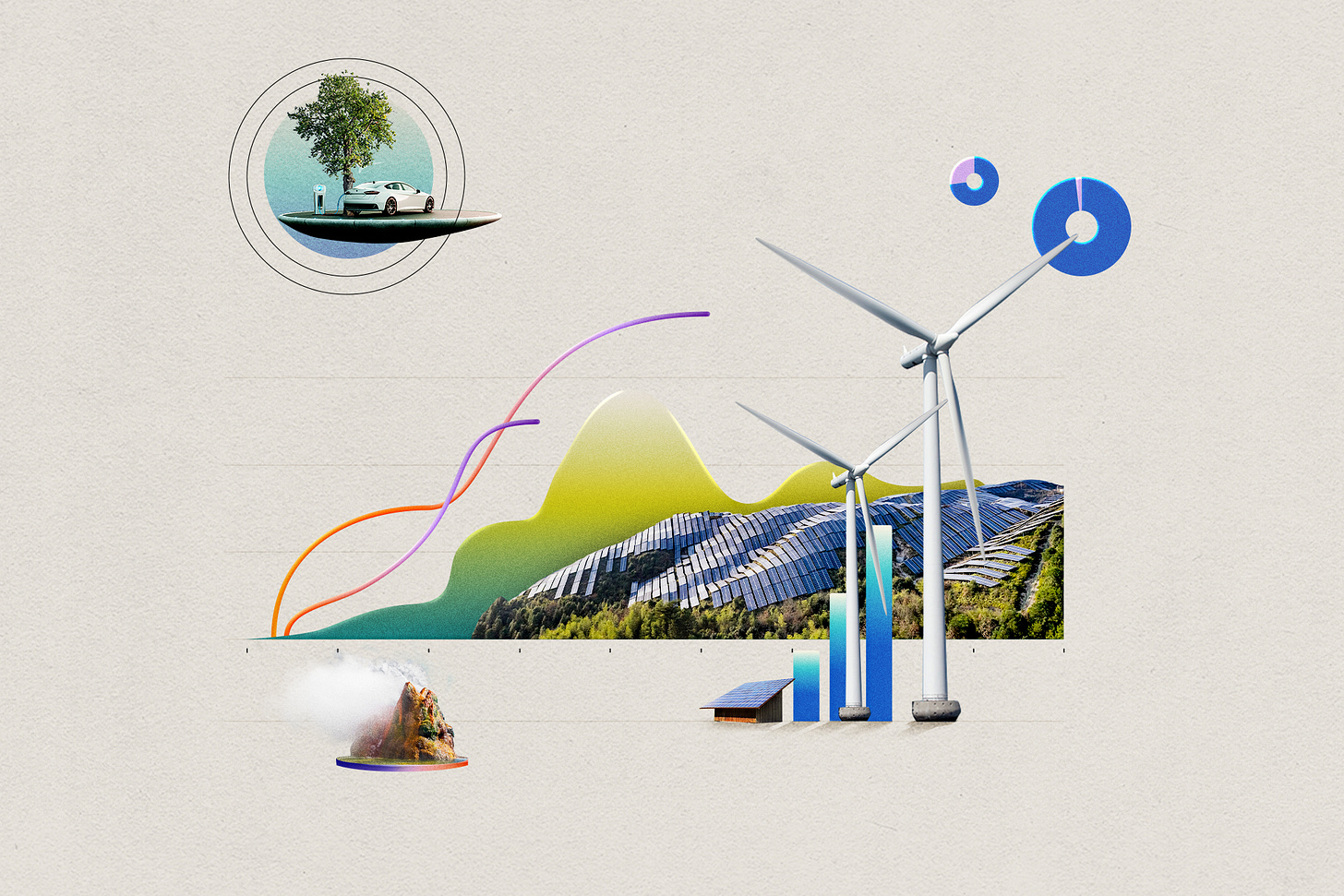Collage illustration showing clean energy elements with colorful gradient line charts, wind turbines, solar panels, an electric vehicle charging, and natural landscapes on a textured background.